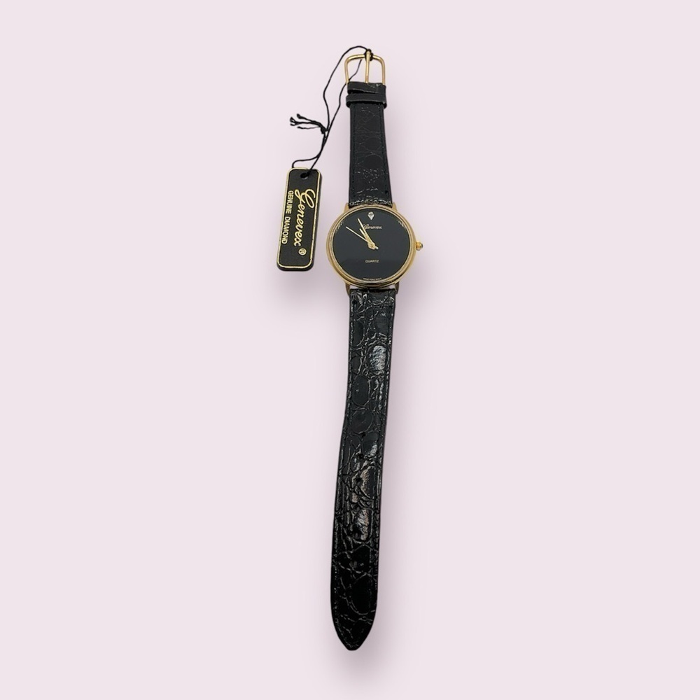 Vintage Genevex Diamond Quartz Watch Gold Tone Stainless Leather Straps